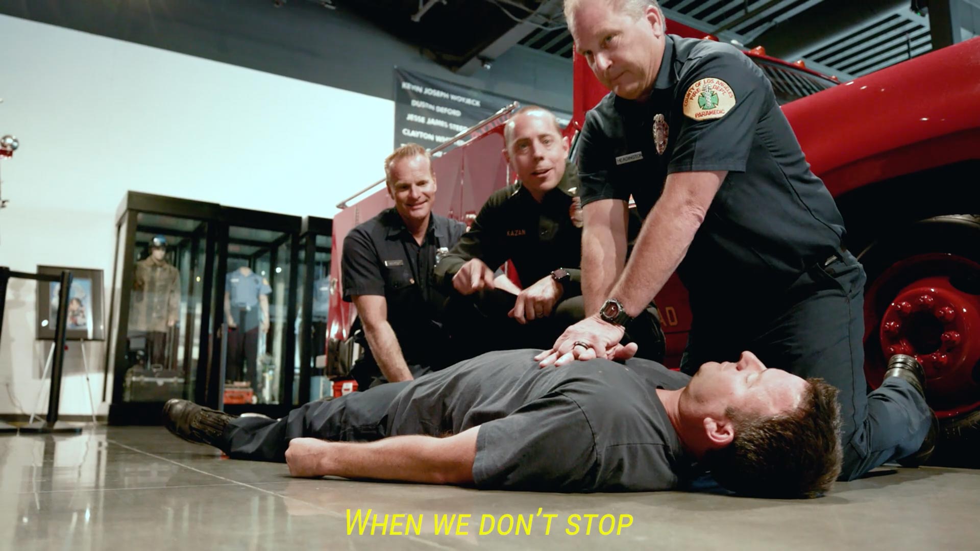 Fire fighter demonstrating CPR.