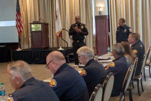 Chief Osby addresses the group at the meeting of fire agency representatives.