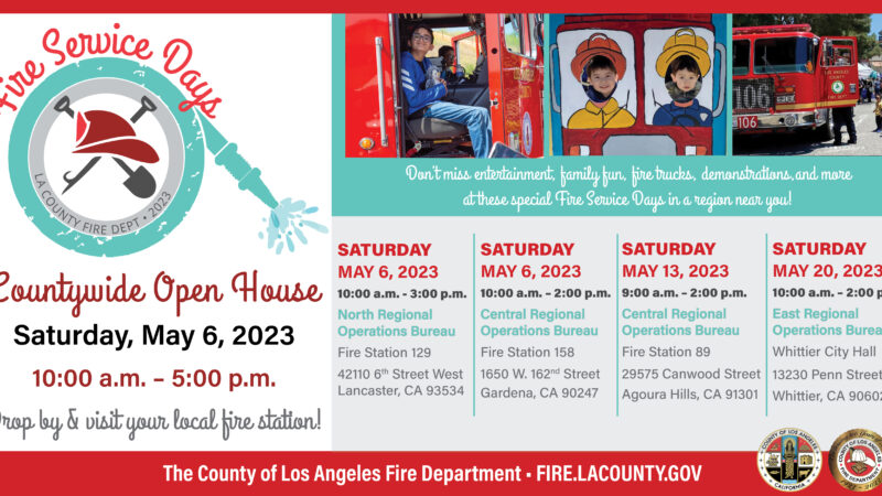 On Saturday, May 6, 2023, the Los Angeles County Fire Department’s (LACoFD) 174 fire stations will roll up their doors and welcome residents as part of the annual Countywide Open House.