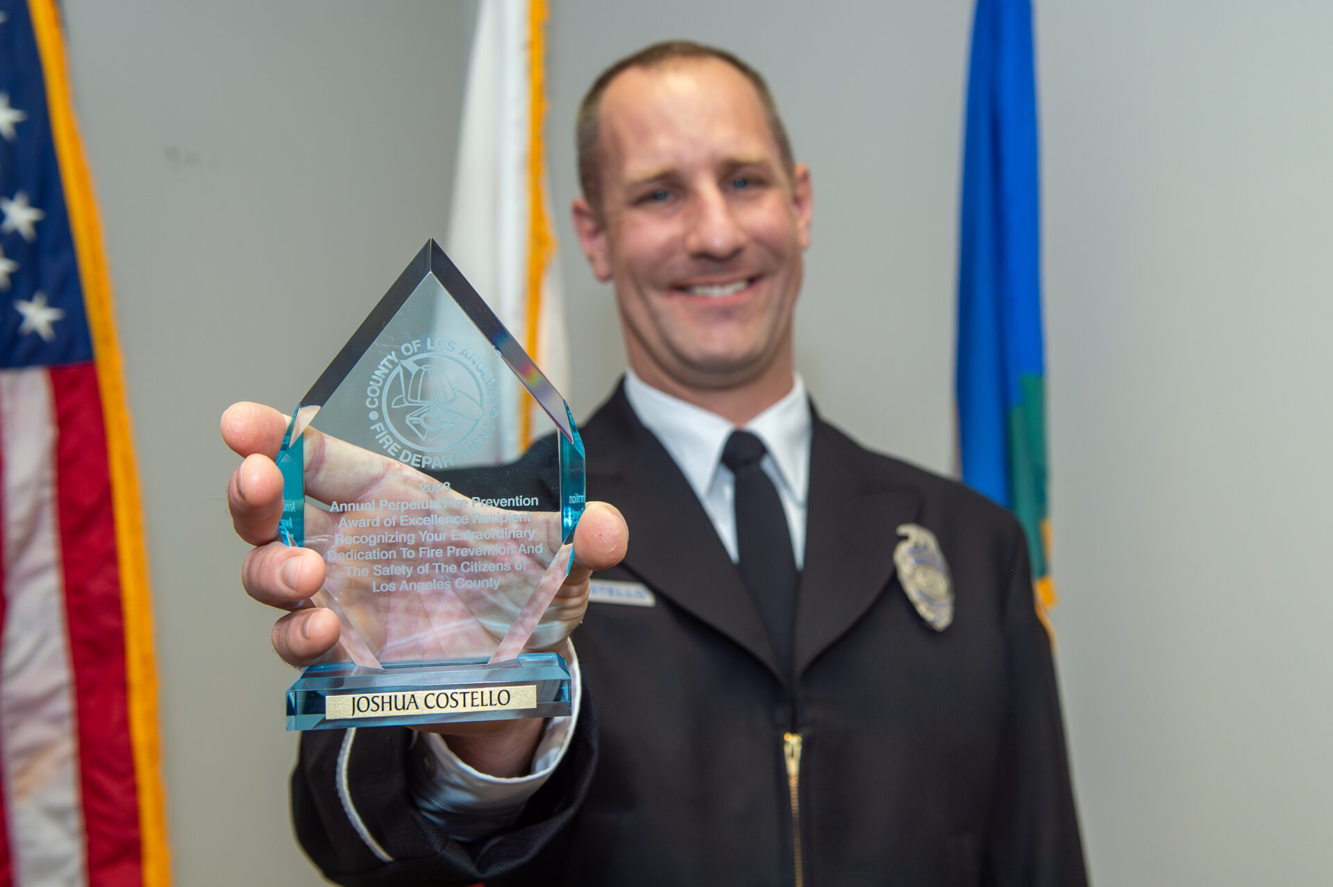 On Thursday, October 12, 2023, County of Los Angeles Fire Department (LACoFD) Fire Fighter Specialist Joshua Costello was honored as the 31st Perpetual Fire Prevention Award of Excellence recipient. This recognition also coincided with the County’s declaration of October as Fire Prevention Month.