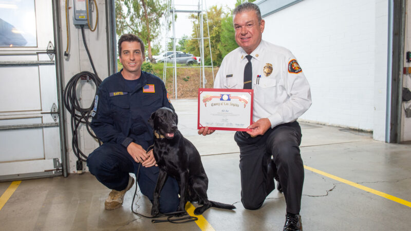 The County of Los Angeles Fire Department’s (LACoFD) California Task Force 2 Urban Search and Rescue (USAR) canine teams were honored for their recovery assistance after the wildfire in Maui, Hawaii on Wednesday, October 25, 2023.