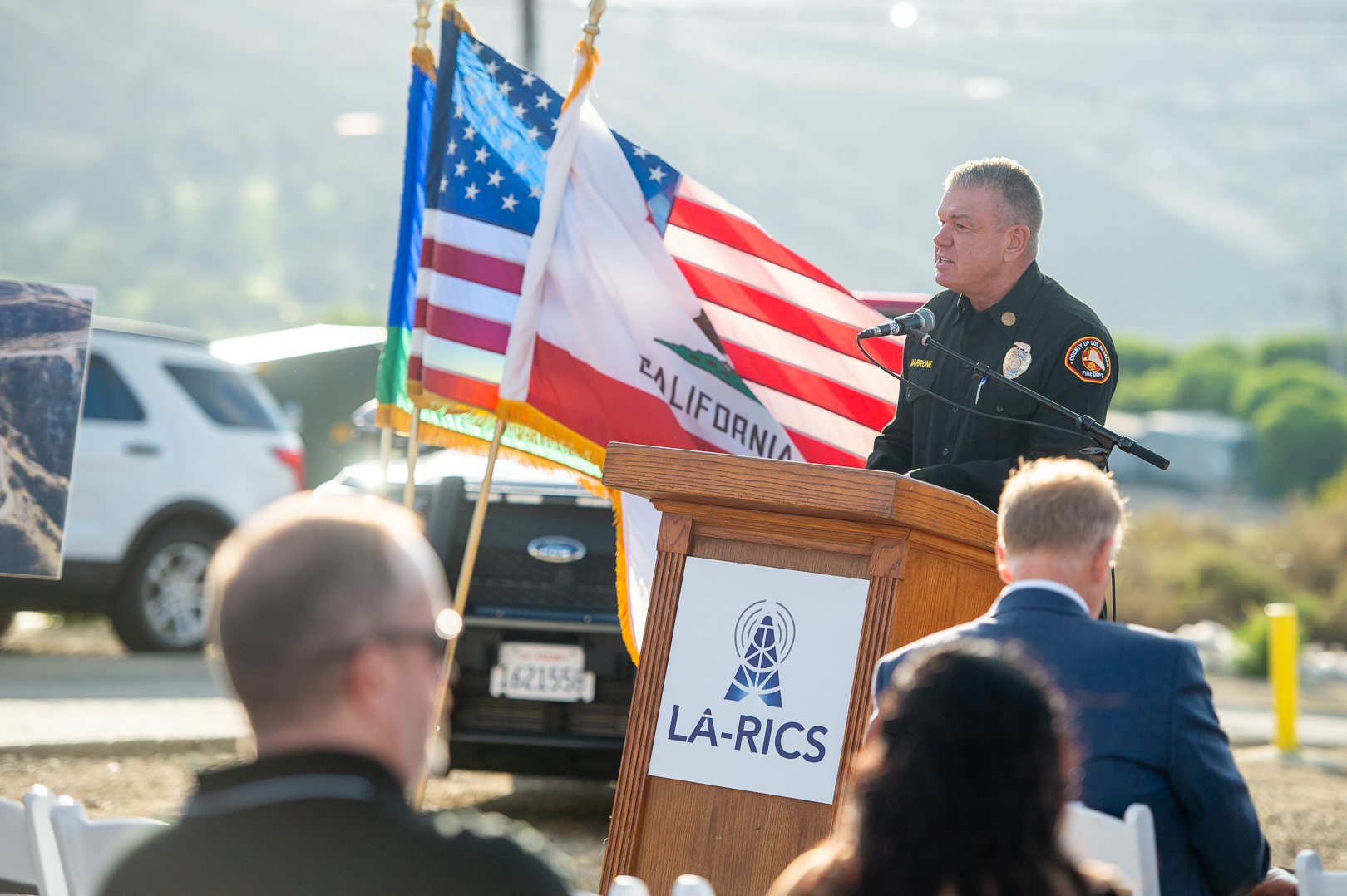 On Thursday, November 30, 2023, County of Los Angeles Fire Department (LACoFD) Fire Chief Anthony C. Marrone participated in a ribbon-cutting ceremony to celebrate the completion of the Los Angeles Regional Interoperability Communications System (LA-RICS).