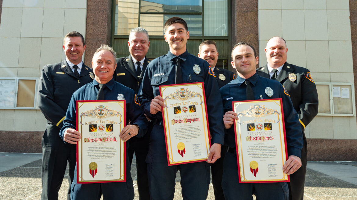 On Tuesday, February 13, 2024, County of Los Angeles Fifth District Supervisor Kathryn Barger honored four County of Los Angeles Fire Department (LACoFD) firefighters from Fire Station 19 and 63, along with four Los Angeles County Sheriff’s deputies (LASD), for their life-saving skills when they responded to a home fire in La Cañada Flintridge last month. 