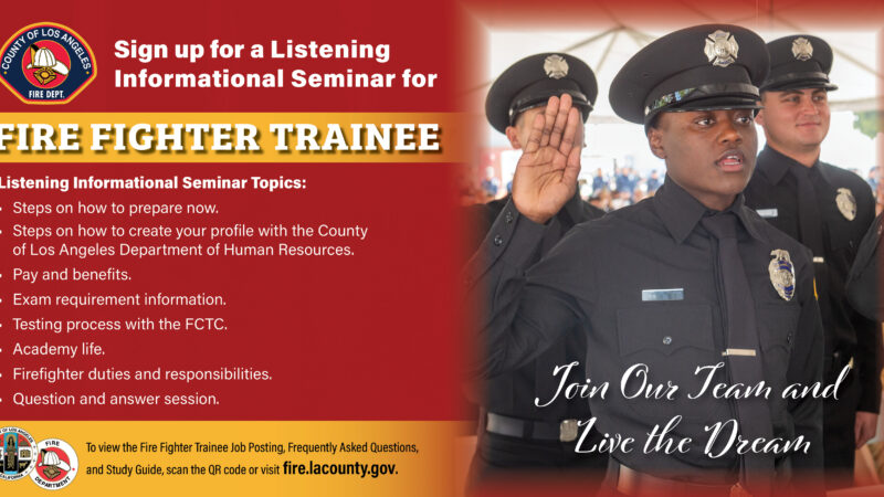 In preparation of the Fire Fighter Trainee (FFT) Exam, over one-hundred individuals participated in the County of Los Angeles Fire Department’s (LACoFD) first Listening Informational Seminar of 2024. This seminar was held at the LACoFD Cecil R. Gehr Training Center on Saturday, April 27, 2024.